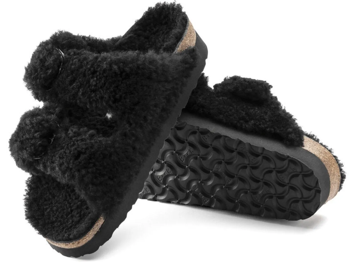 Birkenstock: Arizona Platform Big Buckle in Teddy Black Shearling