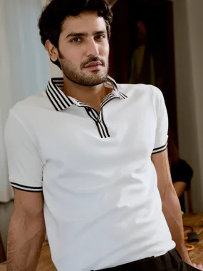 Black Striped Collar Pure Cotton White Polo - Piano