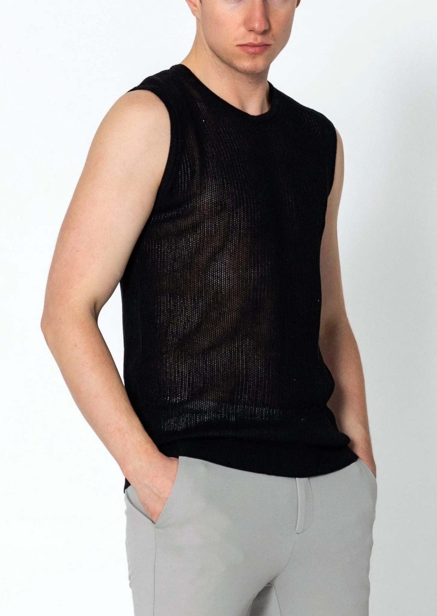 Crew Neck Mesh Tank Top - Black