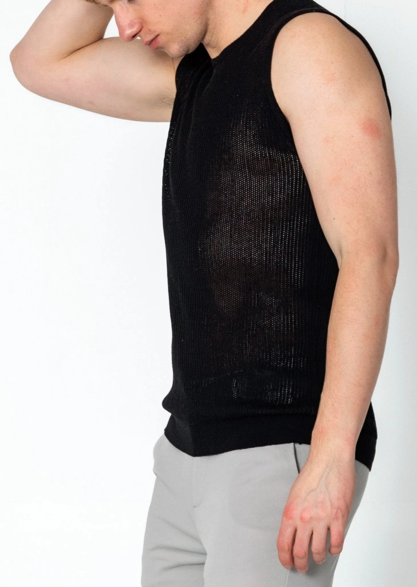 Crew Neck Mesh Tank Top - Black