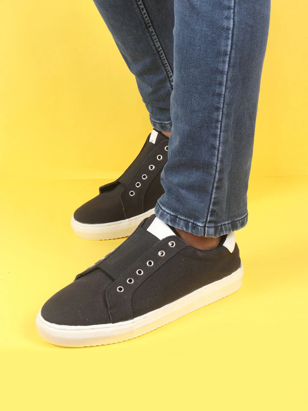 Men Black Elastic Closure Comfort Canvas Denim Slip On Sneaker Shoes