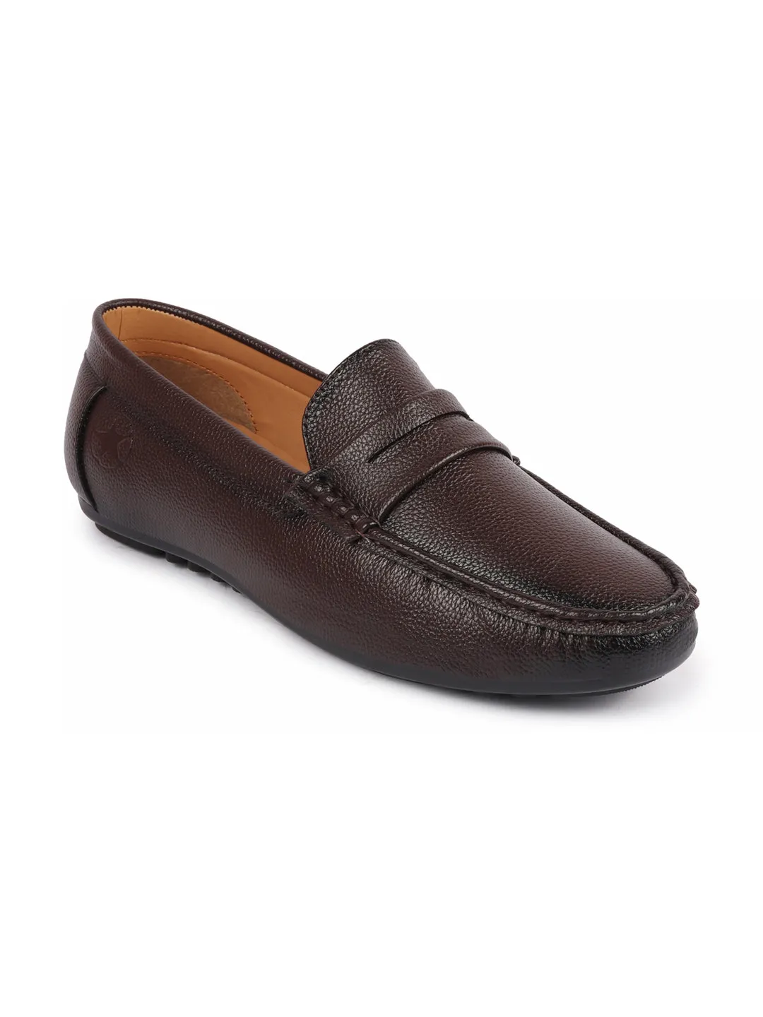 Men Brown Hand Stitched Textured Design Casual Slip On Moccasins and Loafers