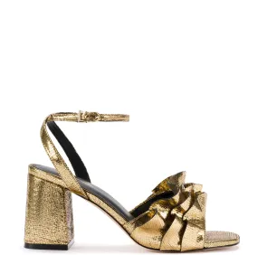 Selena Ruffle Sandal In Gold Cracked Metallic Leather