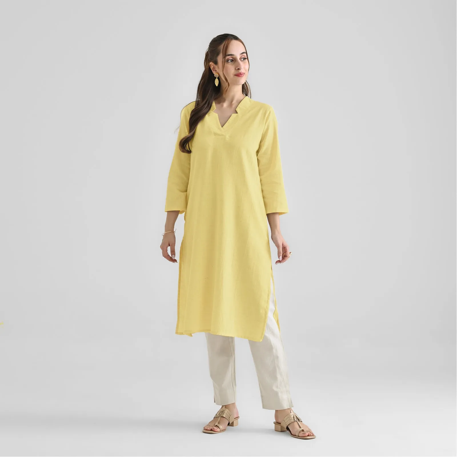 Yellow Linen Cotton Kurta with Notch V Neckline Detail